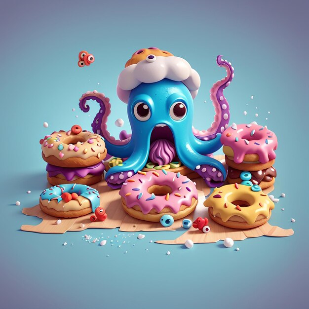 Ícone vetorial de desenho animado de polvo bonito comendo donut Ilustração Ícone de alimento animal conceito isolado estilo de desenho ilustrado de vetor plano premium