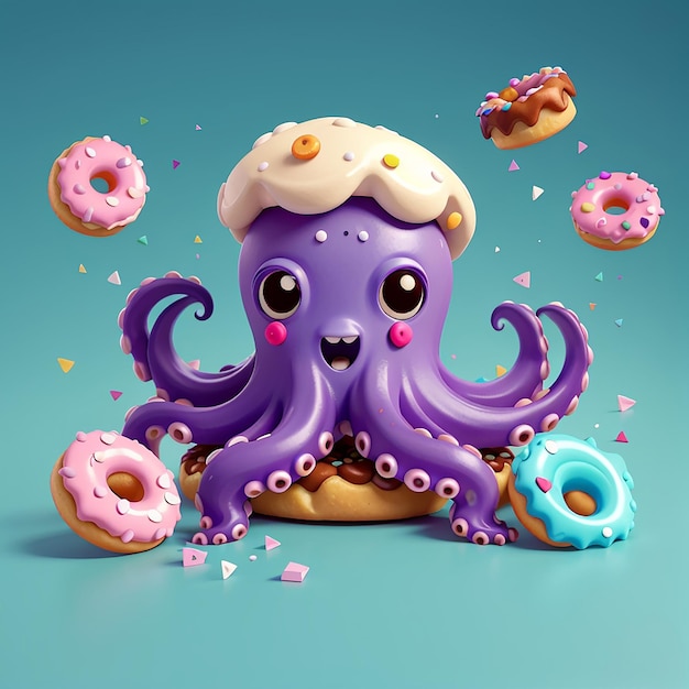 Ícone vetorial de desenho animado de polvo bonito comendo donut Ilustração Ícone de alimento animal conceito isolado estilo de desenho ilustrado de vetor plano premium