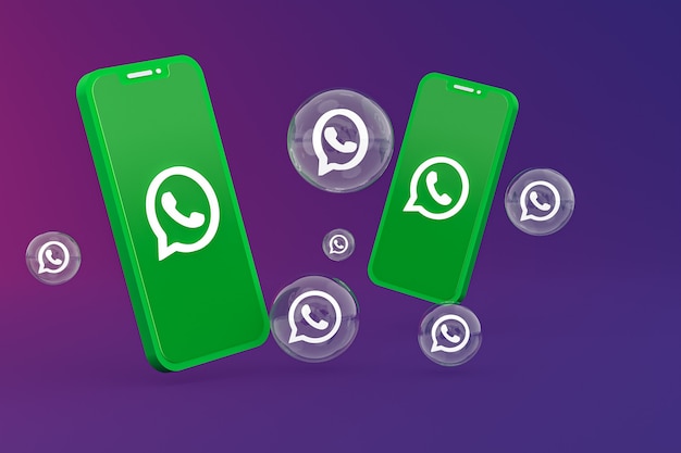 Ícone Whatapps na tela do smartphone ou renderização 3D do telefone móvel em fundo roxo