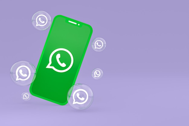 Ícone Whatapps na tela do smartphone ou renderização 3D do telefone móvel em fundo roxo