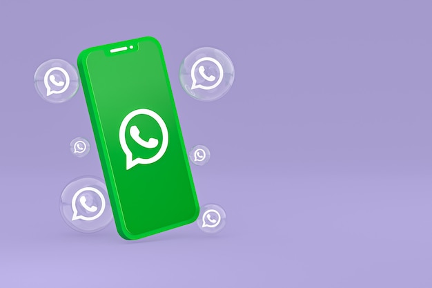 Ícone Whatapps na tela do smartphone ou renderização 3D do telefone móvel em fundo roxo