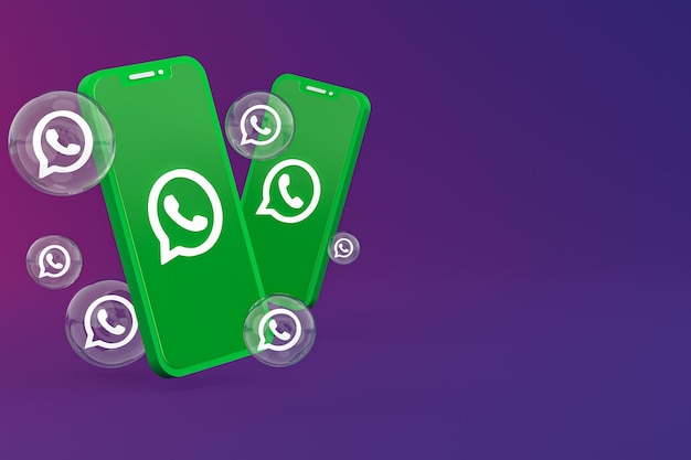 Ícone Whatapps na tela do smartphone ou renderização 3D do telefone móvel em fundo roxo