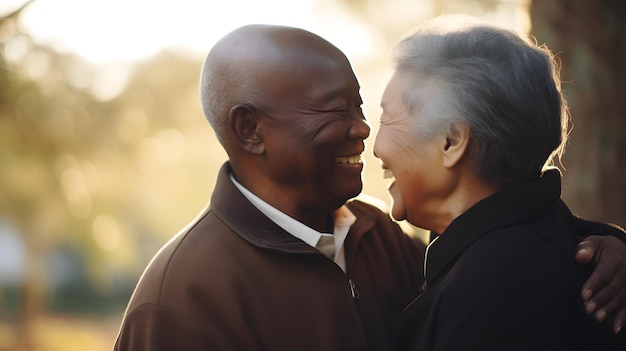 Conectando auténticamente las sonrisas de la pareja de ancianos cuentan historias de su viaje