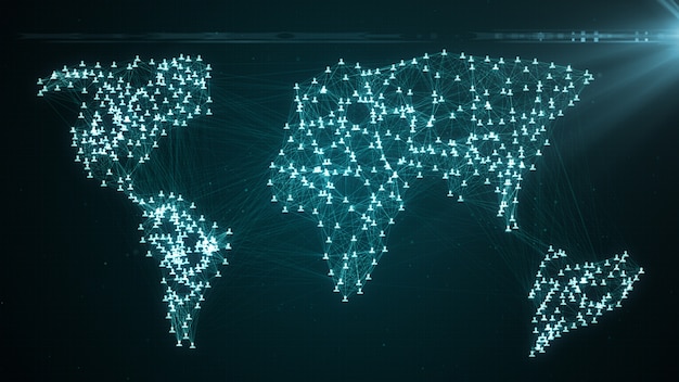 Conectando pessoas na internet, nós, transformando-se na forma de um mapa do mundo, ilustração 3d de conexão de rede social