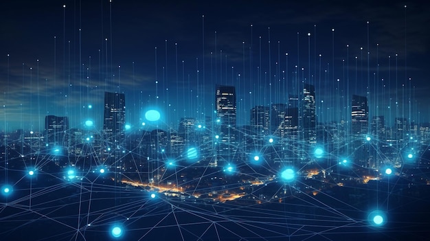 Conectando puntos en una línea abstracta con una ciudad inteligente y un automóvil La IA generativa