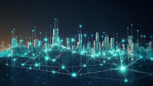 Conectando puntos en una línea abstracta con una ciudad inteligente y un automóvil La IA generativa