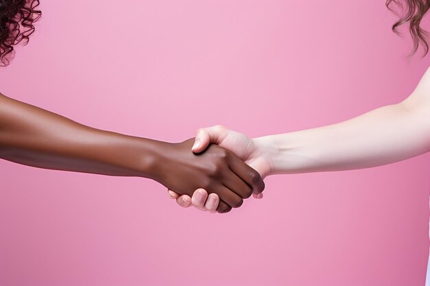 Conectando-se em rosa Duas meninas compartilham uma pose de aperto de mão em uma tela rosada de IA generativa