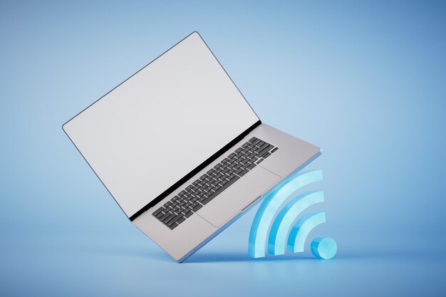 Conectando seu laptop ao Wi-Fi de alta velocidade, um laptop aberto e um ícone de Wi-Fi em uma renderização 3D de fundo azul