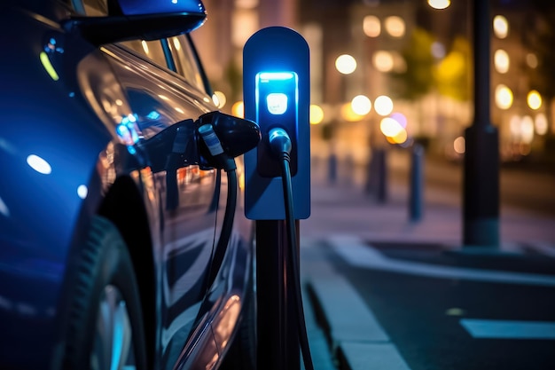 Foto conectar la fuente de alimentación a la estación de carga de automóviles eléctricos para cargar la batería de ev energía limpia combustible de ev enchufe en automóvil híbrido creado con la tecnología generate ai