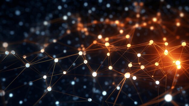 Conectividad digital abstracta con nodos de red naranja y líneas en un fondo oscuro que representan la tecnología de comunicación