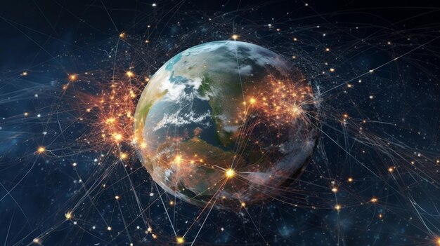 Conectividad global de datos Vista de la Tierra desde el espacio revelando nodos tecnológicos en todo el mundo