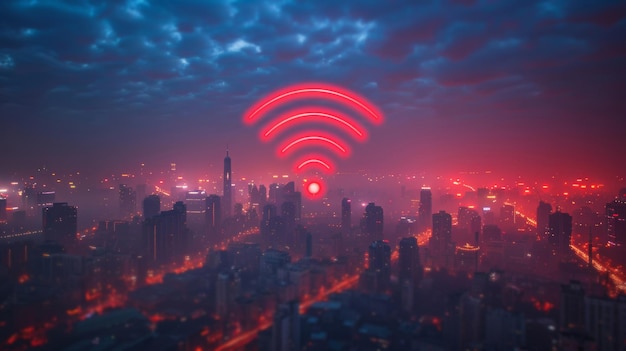 Conectividad inalámbrica señaliza el paisaje urbano y la noche con transformación digital del cielo y futurista