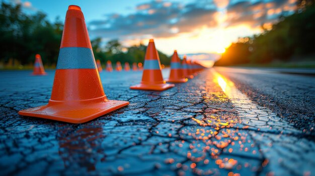 Coneiros de trânsito laranja colocados na estrada urbana servindo como uma barreira de segurança para os motoristas