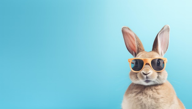 Coneja con gafas de sol en fondo azul concepto de Pascua