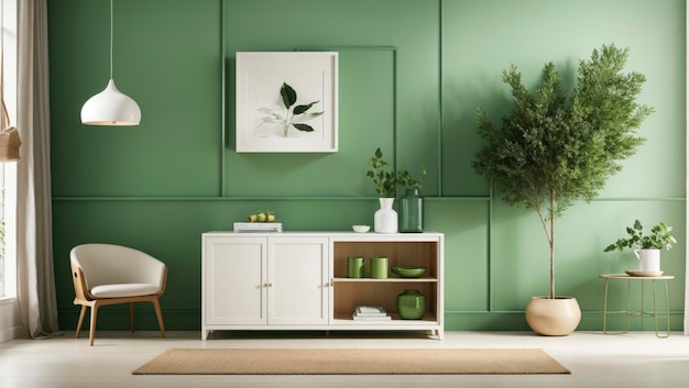 Conejera minimalista de madera blanca con marco vacío vertical verde