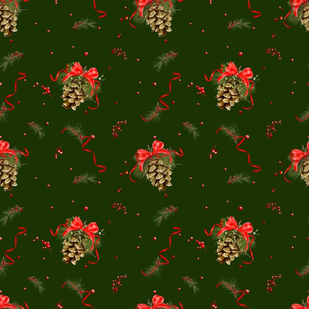 Conejes de pino decorados con ramas de pino y abeto con arco en patrón sin costuras Ilustración digital de acuarela Composición navideña cintas serpentinas con bayas rojas aisladas en fondo oscuro