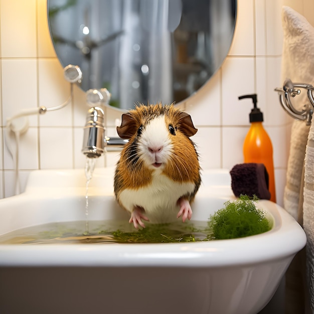 Conejillo de indias en el baño con agua.