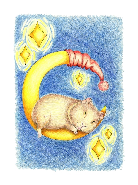 Conejillo de indias durmiendo en la ilustración de la luna con lápices de colores