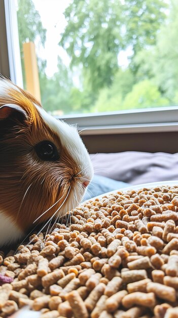 Foto el conejillo de indias olfateando un montón de pellets