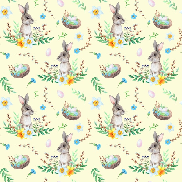 Conejito de acuarela con huevos dibujo patrón sobre fondo amarillo. Concepto de pascua.