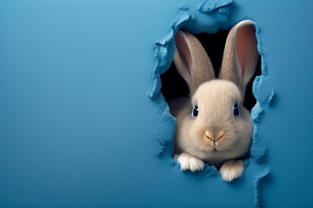 Conejito asomándose por un agujero azul en la pared Banner de conejito de Pascua con un conejo saltando de un agujero rasgado IA generativa