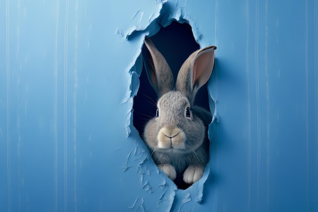 Conejito asomándose por un agujero en la pared azul conejito de orejas esponjosas conejito de pascua Generativo ai