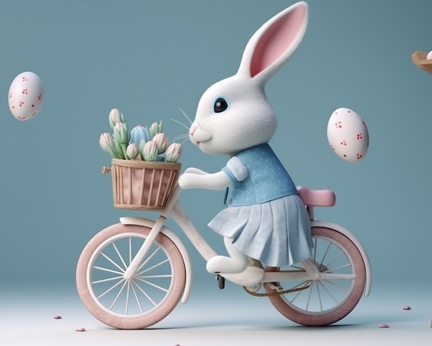 Un conejito en bicicleta con una cesta de tulipanes encima