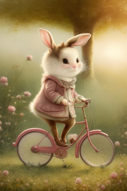 Un conejito en una bicicleta rosa.