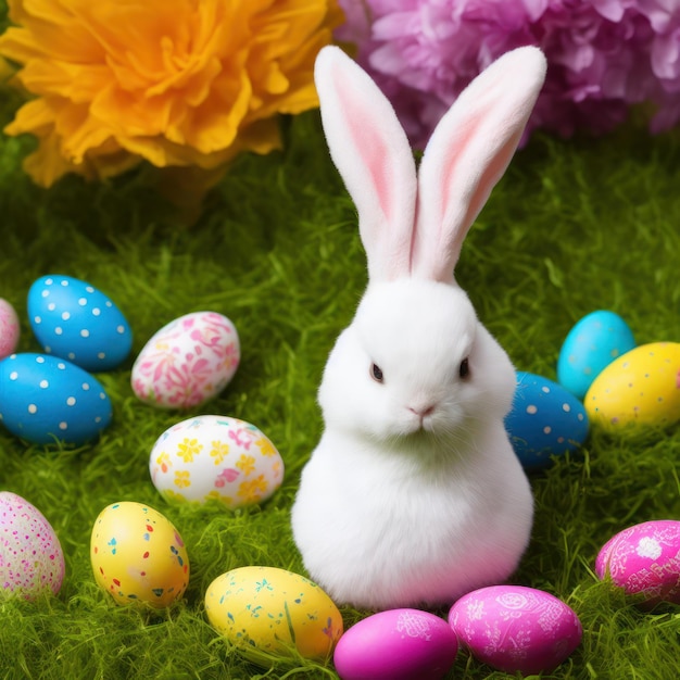 Un conejito blanco se sienta entre coloridos huevos de Pascua.