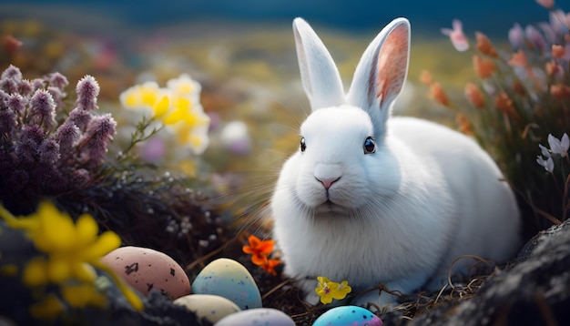 Un conejito blanco se sienta entre los huevos de pascua en un campo