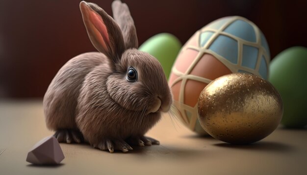 Conejito en canasta con huevos decorados Tarjeta de Pascua IA generativa
