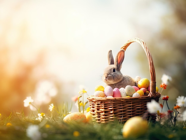 Conejito en canasta con huevos de Pascua decorados Concepto de Pascua IA generativa