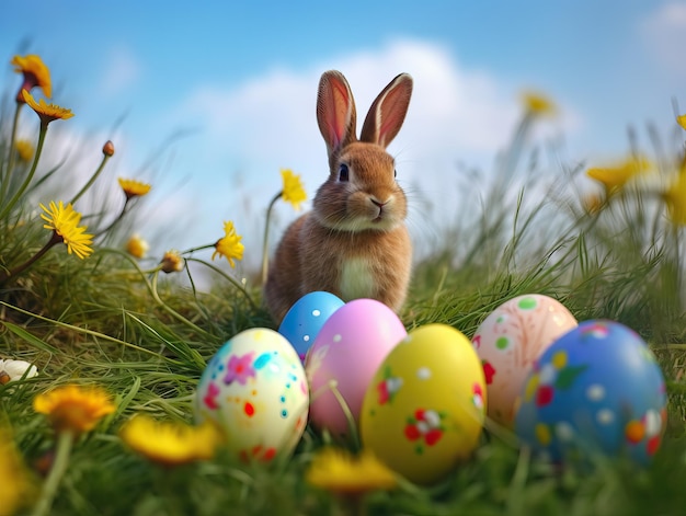 Conejito en canasta con huevos de Pascua decorados Concepto de Pascua IA generativa