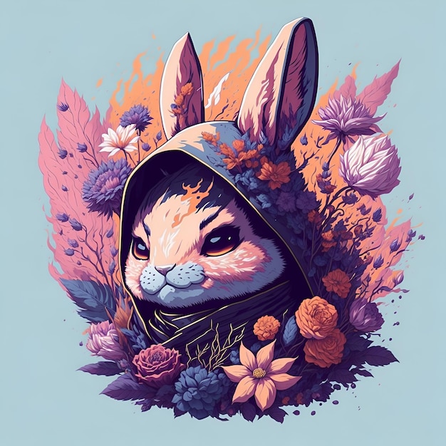 Un conejito en una capucha con flores.