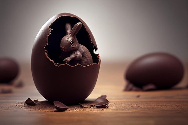 Un conejito de chocolate sale de un huevo roto.