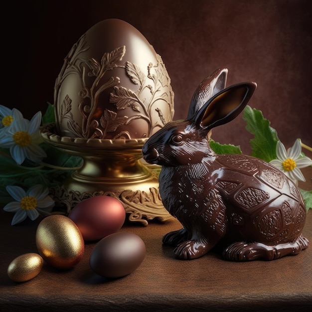 Un conejito de chocolate tradicional sentado en una mesa una canasta de huevos de chocolate de Pascua IA generativa