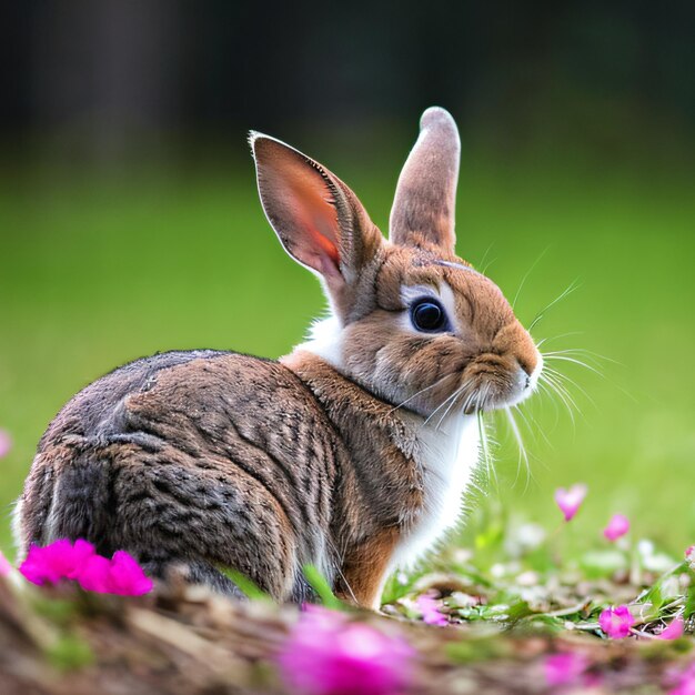 Foto un conejito de cuello blanco y cara blanca y negra está parado en un campo de flores.