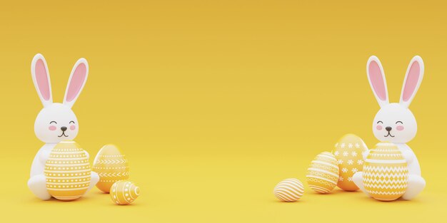 Conejito decorado y huevos de pascua sobre fondo amarillo. Concepto de las vacaciones de pascua. Representación 3D.