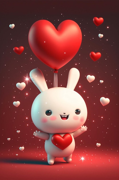 Conejito de dibujos animados sosteniendo un ai generativo de globo en forma de corazón