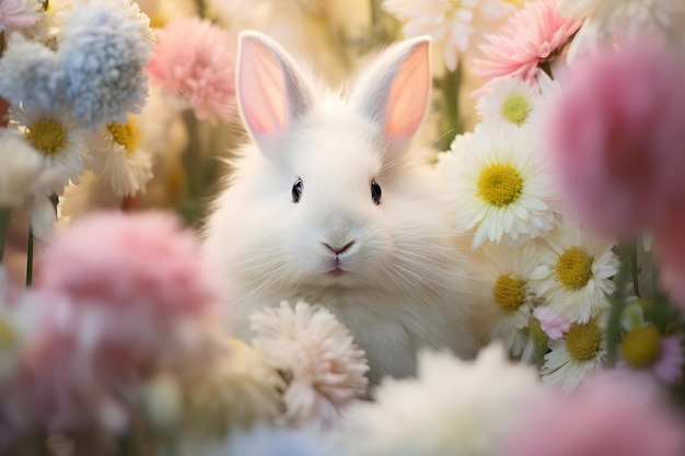 Un conejito esponjoso en un campo de flores con un delicado fondo floral