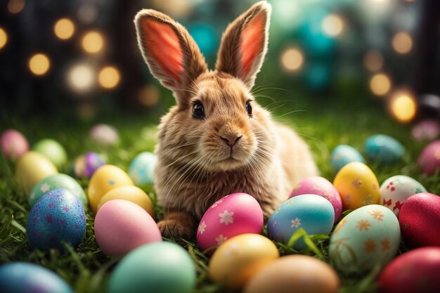 Conejito feliz colorido con muchos huevos de Pascua sobre fondo festivo de hierba para diseño decorativo