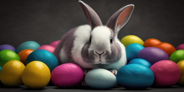 Conejito feliz con huevos de Pascua Celebración navideña de Pascua colorida