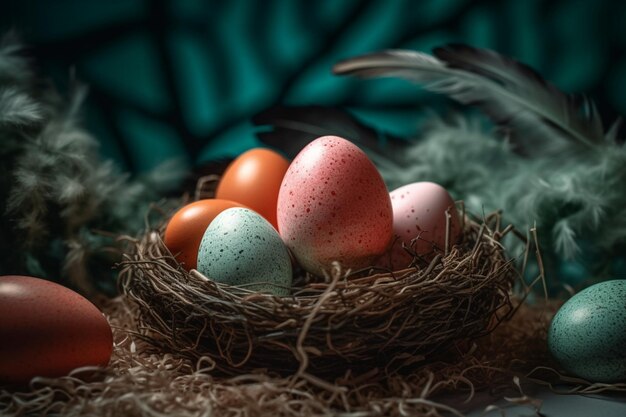 Conejito feliz con muchos coloridos huevos de pascua Concepto de día de pascua con nido de conejito dulce o flor