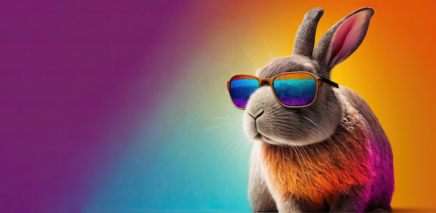 Conejito fresco con fondo colorido de gafas de sol Tarjeta de Pascua feliz IA generativa