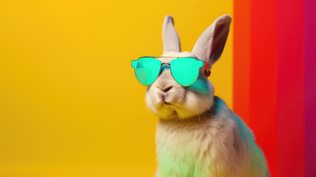 Conejito fresco con gafas de sol sobre un fondo colorido Tarjeta de Pascua feliz IA generativa