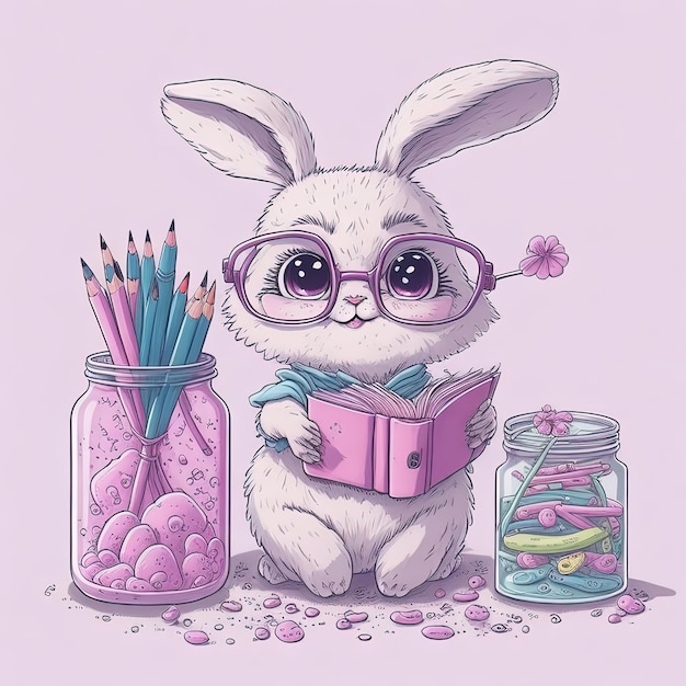 Un conejito con gafas leyendo un libro y un bote de pintura.