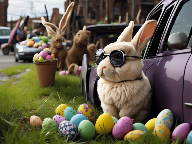 Un conejito con gafas de sol está sentado frente a un auto con huevos de Pascua.