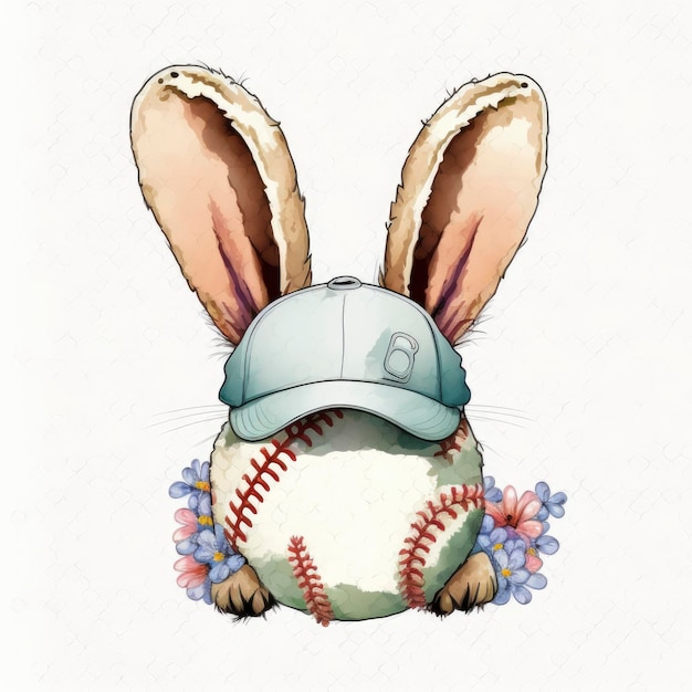 Un conejito con una gorra de béisbol y una pelota de béisbol en la espalda.