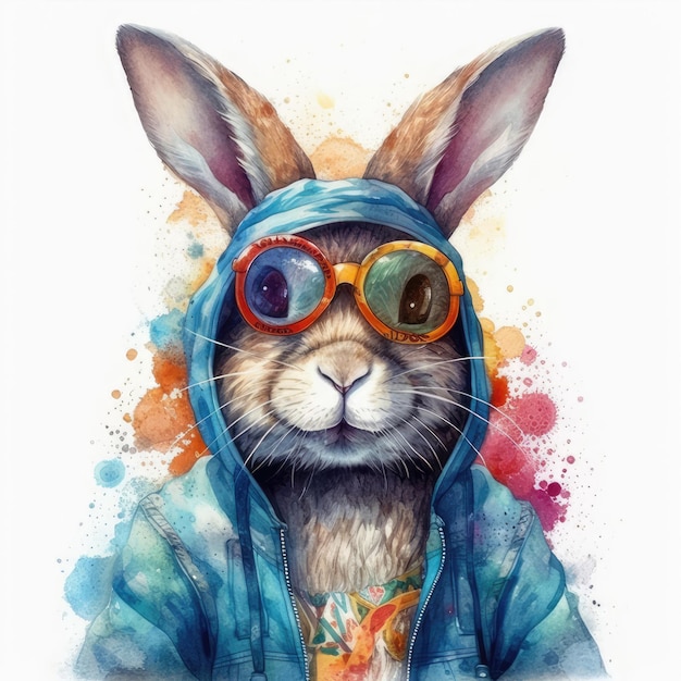 Conejito hippie pintado realista con gafas de sol y ropa colorida.