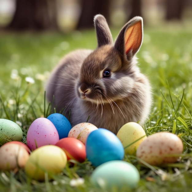 Un conejito con huevos de pascua en la hierba